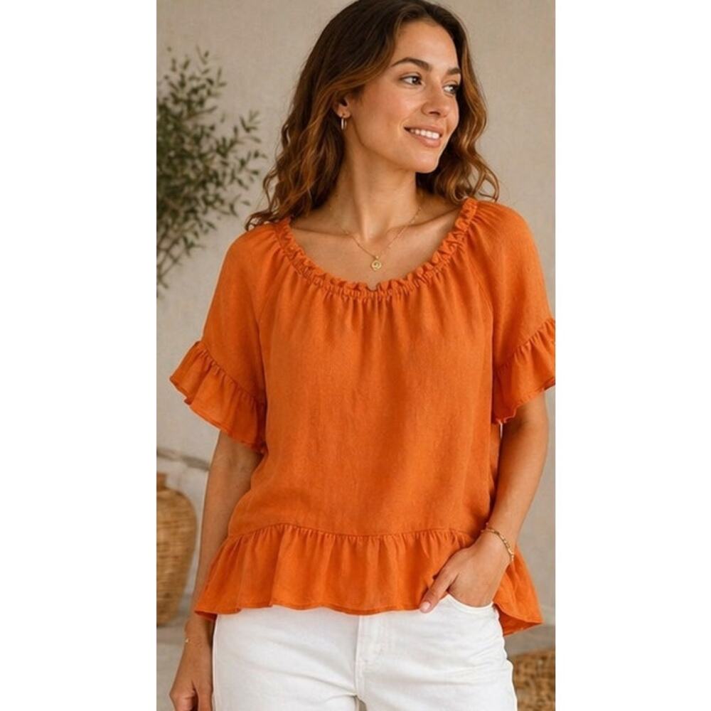 Terzo Millennio Orange Linen Ruffle Hem Top Made in Italy Size S